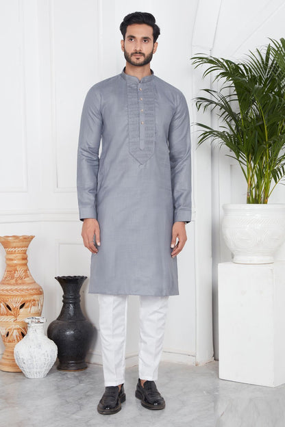 Grey Linen Cotton Kurta Pajama (NMK-7578) - Nihal Fashions
