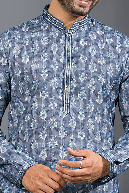 Grey Printed Cotton Silk Kurta Pajama (NMK-8762) - Nihal Fashions