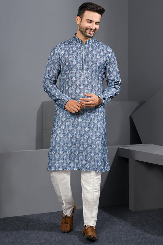 Grey Printed Cotton Silk Kurta Pajama (NMK-8762) - Nihal Fashions