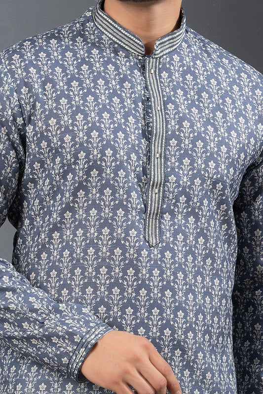 Grey Printed Cotton Silk Mens Kurta Pajama (NMK-8780) - Nihal Fashions