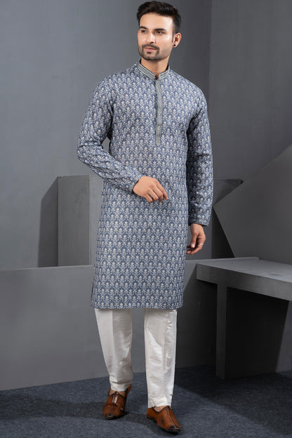 Grey Printed Cotton Silk Mens Kurta Pajama (NMK-8780) - Nihal Fashions