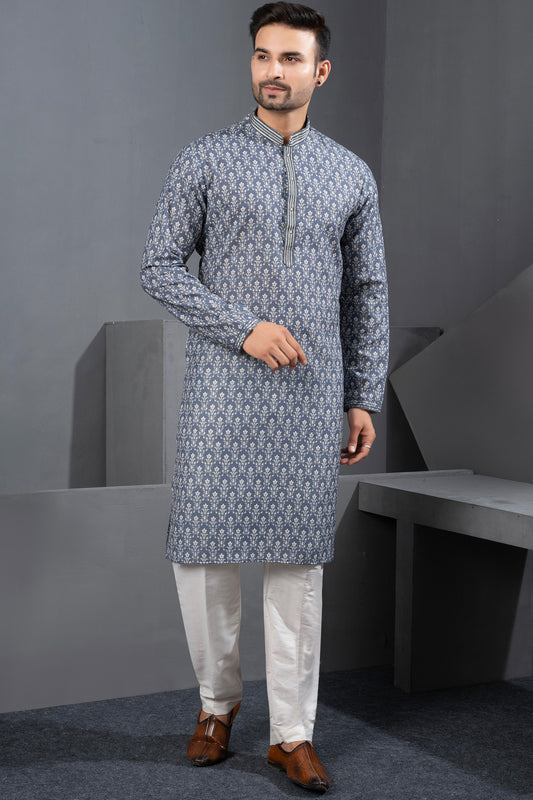 Grey Printed Cotton Silk Mens Kurta Pajama (NMK-8780) - Nihal Fashions