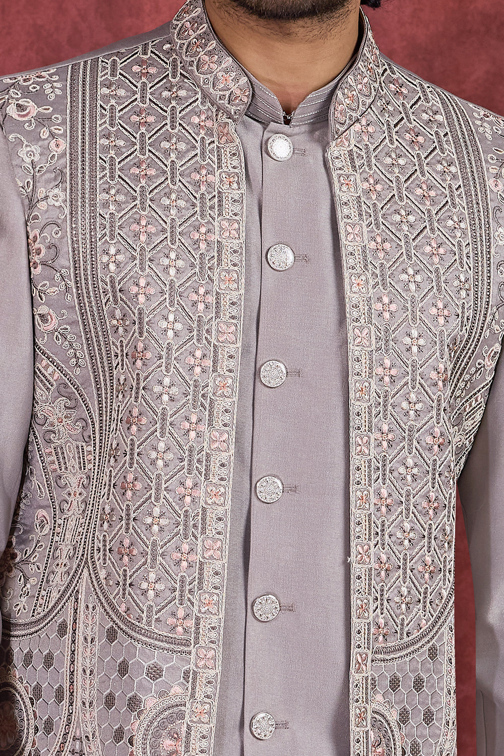 Grey Silk 3 piece Long Jacket Indo Western (NMK-8691) - Nihal Fashions