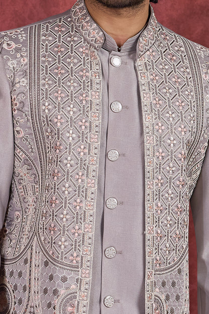Grey Silk 3 piece Long Jacket Indo Western (NMK-8691) - Nihal Fashions