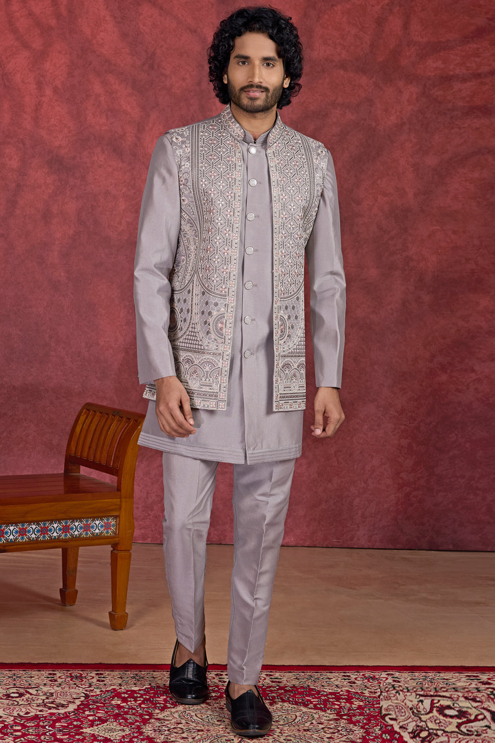 Grey Silk 3 piece Long Jacket Indo Western (NMK-8691) - Nihal Fashions