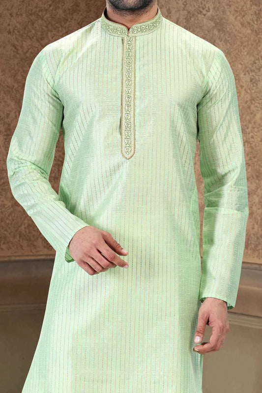 Jaquard Art Silk Pista Green Kurta Pajama for Men (NMK-6618)
