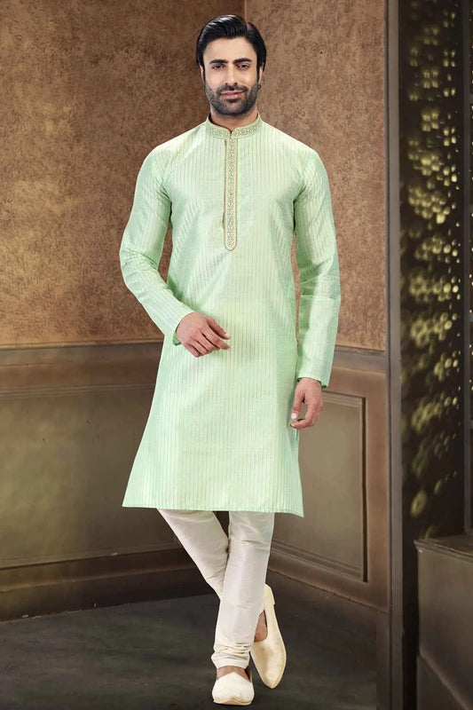 Jaquard Art Silk Pista Green Kurta Pajama for Men (NMK-6618)