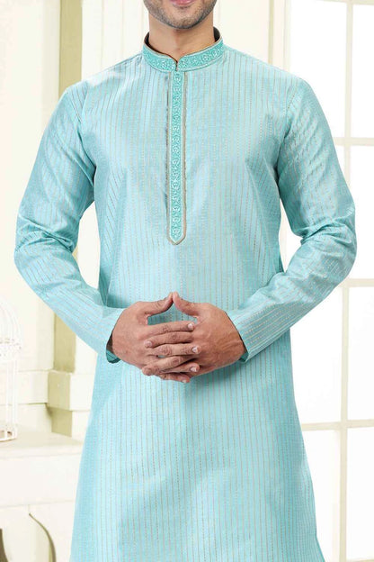 Jaquard Art Silk Sky Blue Mens Kurta (NMK-6619)