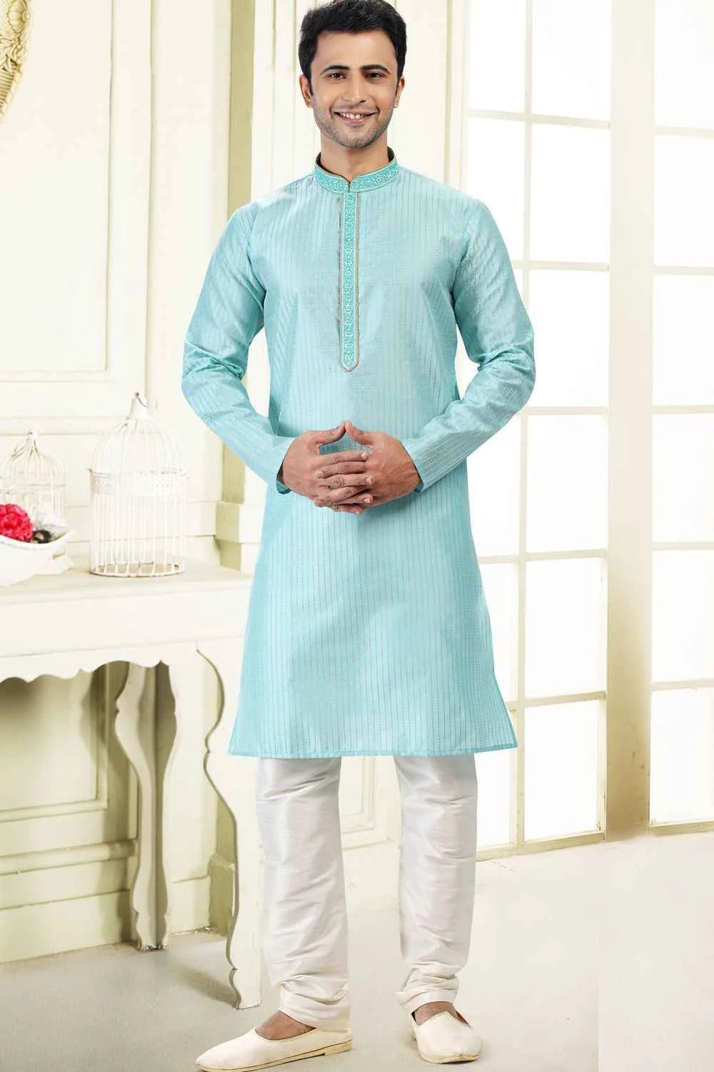 Jaquard Art Silk Sky Blue Mens Kurta (NMK-6619)