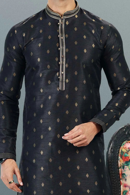 Jaquard Banarasi Silk Black Mens Kurta Pajama (NMK-6644)