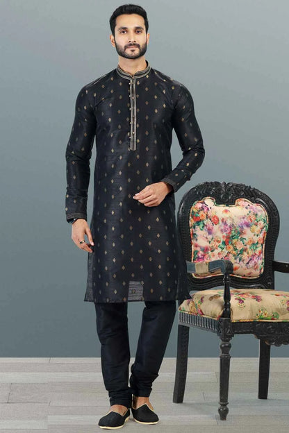 Jaquard Banarasi Silk Black Mens Kurta Pajama (NMK-6644)