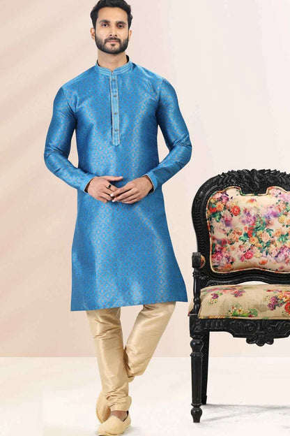 Jaquard Banarasi Silk Blue Kurtas for Men (NMK-6639)