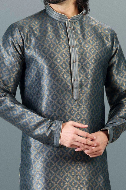 Jaquard Banarasi Silk Greyish Blue Kurta Pajama (NMK-6636)