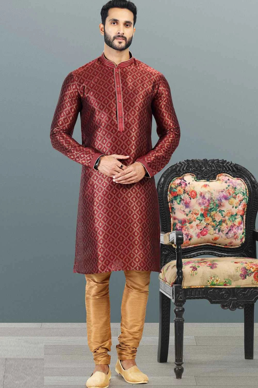 Jaquard Banarasi Silk Maroon Kurta Pajama (NMK-6638)