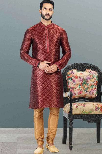 Jaquard Banarasi Silk Maroon Kurta Pajama (NMK-6638)