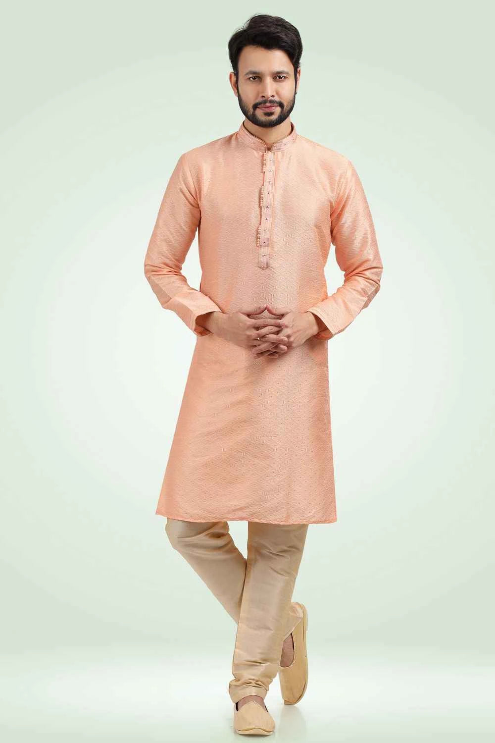 Jaquard Banarasi Silk Peach Mens Kurta Pajama (NMK-6445)