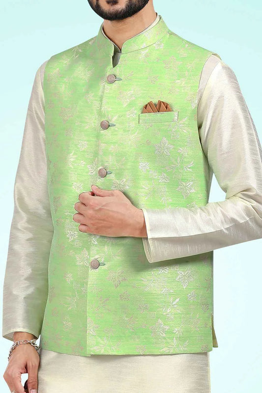 Jaquard Banarasi Silk Pista Green Nehru Jacket (NMK-6478)