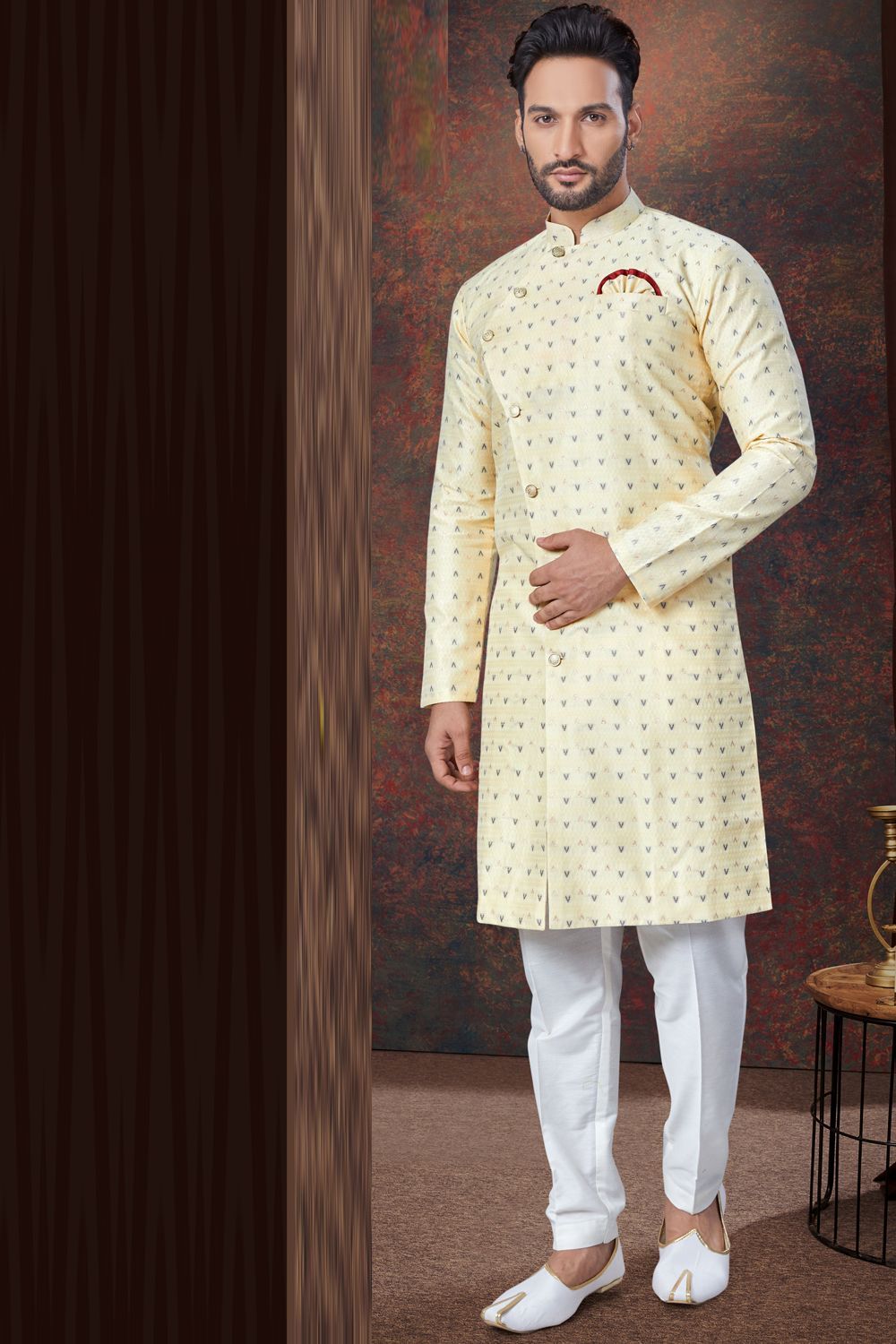 Jaquard Indo Western for Men in Gold (NMK-7853) - Nihal Fashions