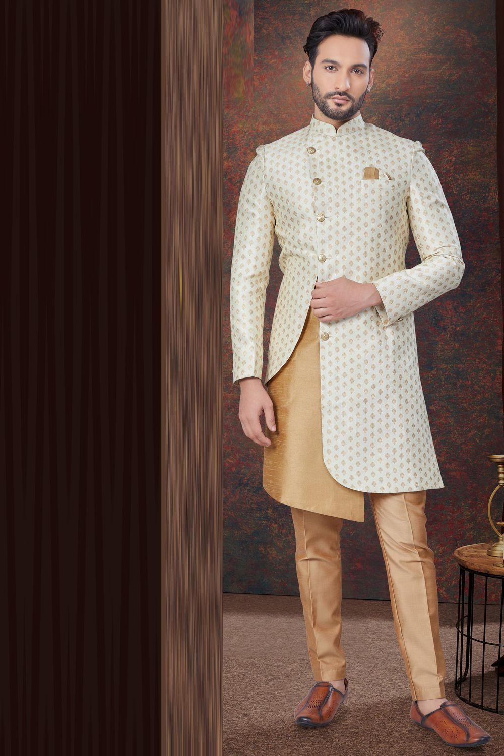 Jaquard Indo Western in Cream (NMK-7779) - Nihal Fashions