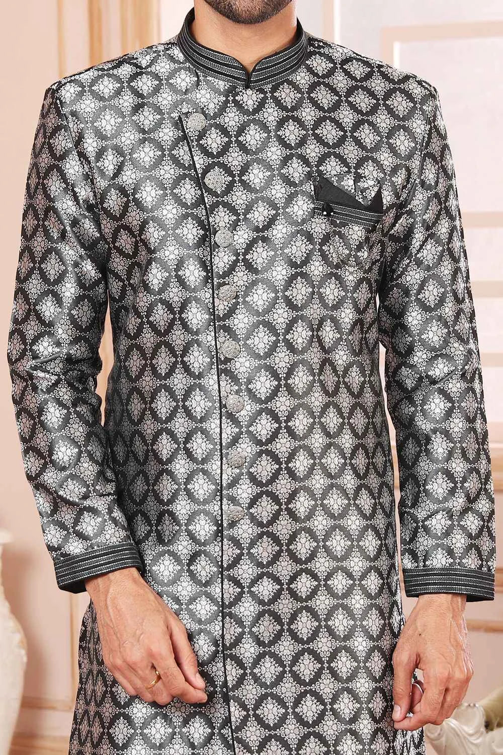 Jaquard Semi Silk Brocade Black Mens Indo Western (NMK-6537)