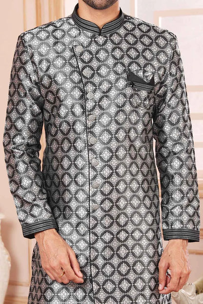 Jaquard Semi Silk Brocade Black Mens Indo Western (NMK-6537)