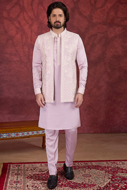 Lavender Art Banarasi Silk 3 piece Long Kurta Jacket (NMK-8694) - Nihal Fashions