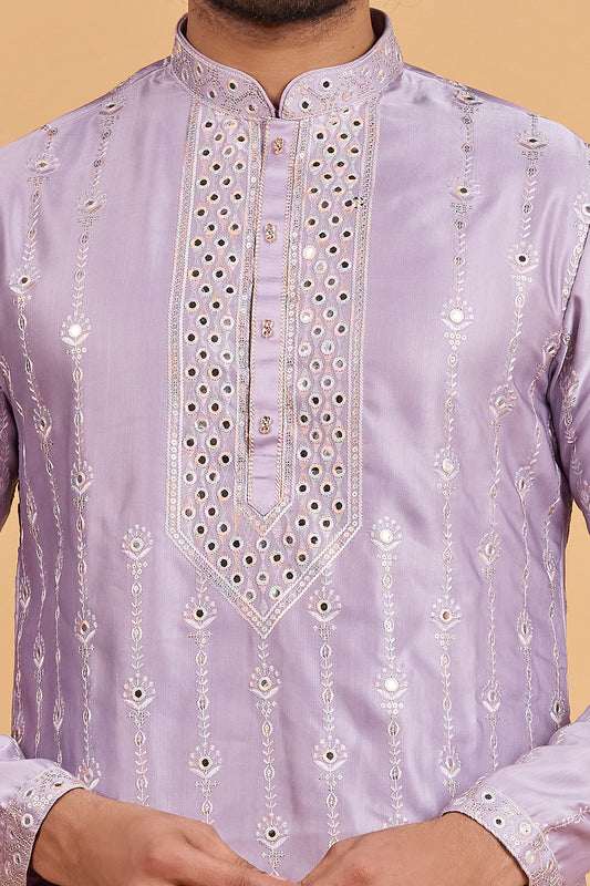 Lavender Art Banarasi Silk Kurta Pajama (NMK-8701) - Nihal Fashions