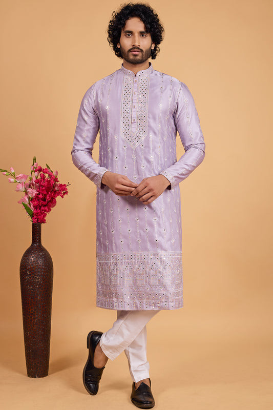Lavender Art Banarasi Silk Kurta Pajama (NMK-8701) - Nihal Fashions