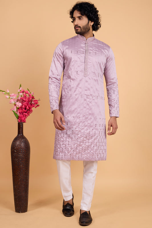 Lavender Art Banarasi Silk Mens Kurta Pajama (NMK-8703) - Nihal Fashions