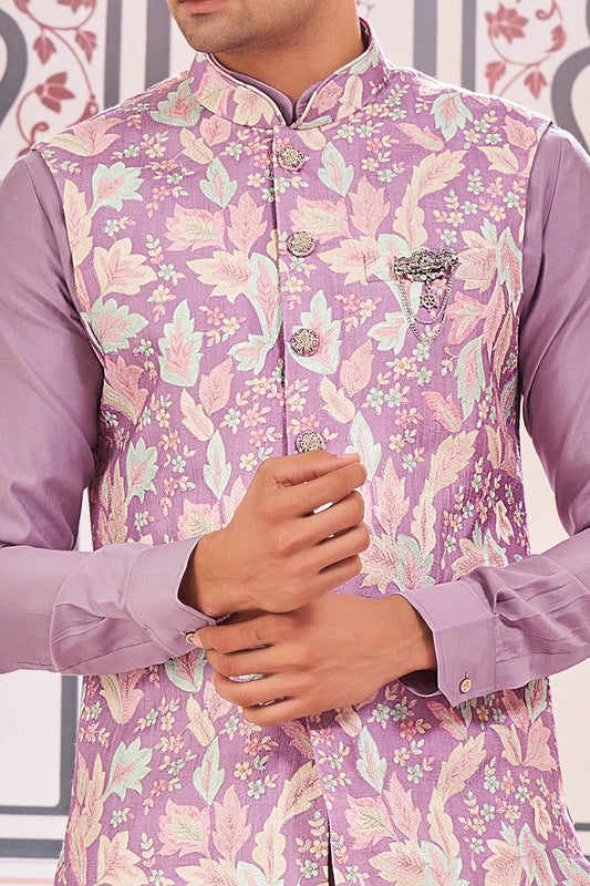 Lavender Art Silk Mens Nehru Jacket (NMK-8071) - Nihal Fashions