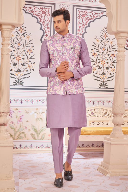 Lavender Art Silk Mens Nehru Jacket (NMK-8071) - Nihal Fashions