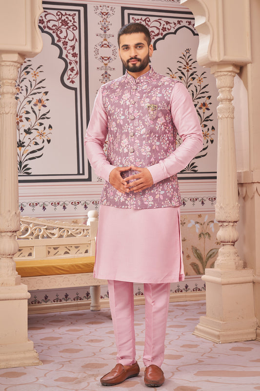 Lavender Art Silk Nehru Jacket (NMK-8068) - Nihal Fashions