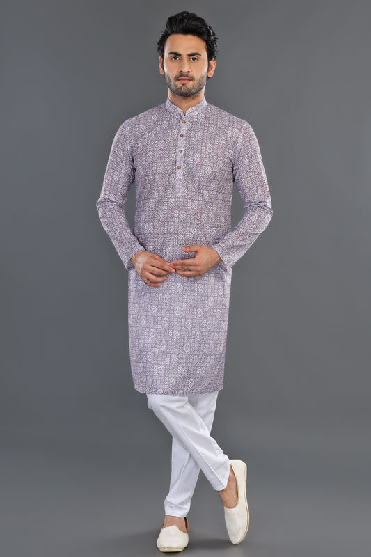 Lavender Cotton Kurta Pajama (NMK-8140) - Nihal Fashions