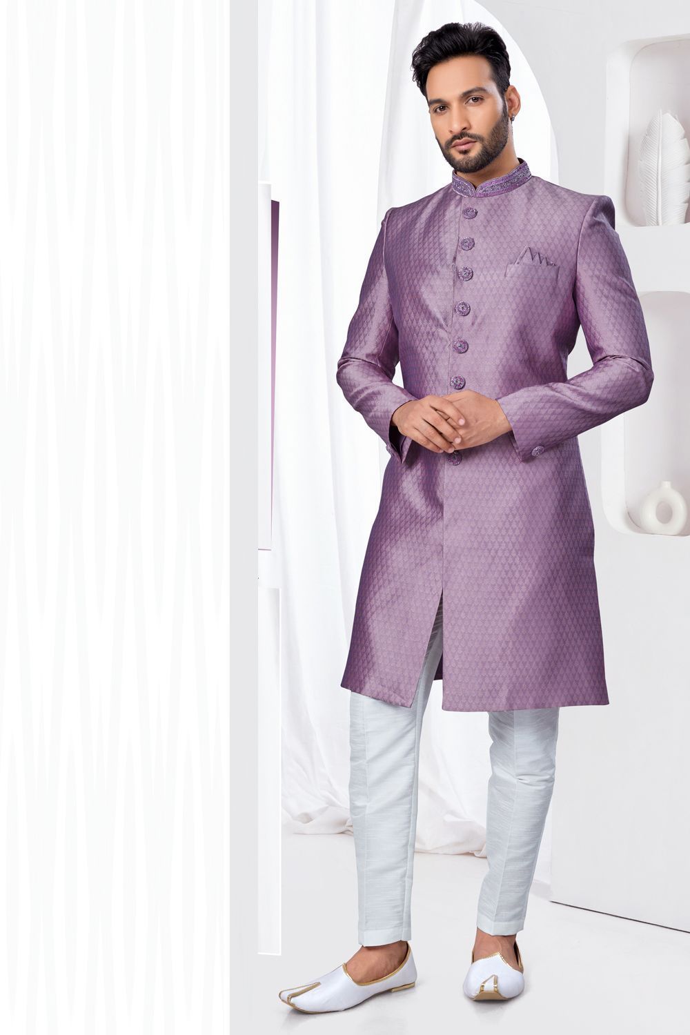 Lavender Jaquard Indo Western (NMK-7790) - Nihal Fashions