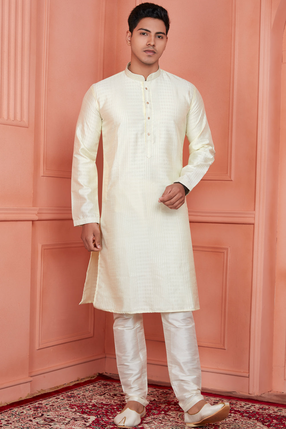 Lemon Jaquard Silk Brocade Kurta Pajama (NMK-8145) - Nihal Fashions