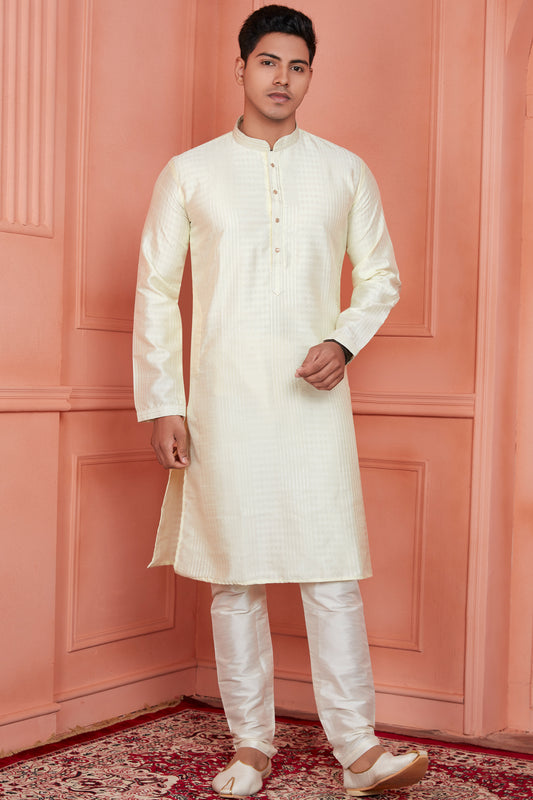 Lemon Jaquard Silk Brocade Kurta Pajama (NMK-8145) - Nihal Fashions