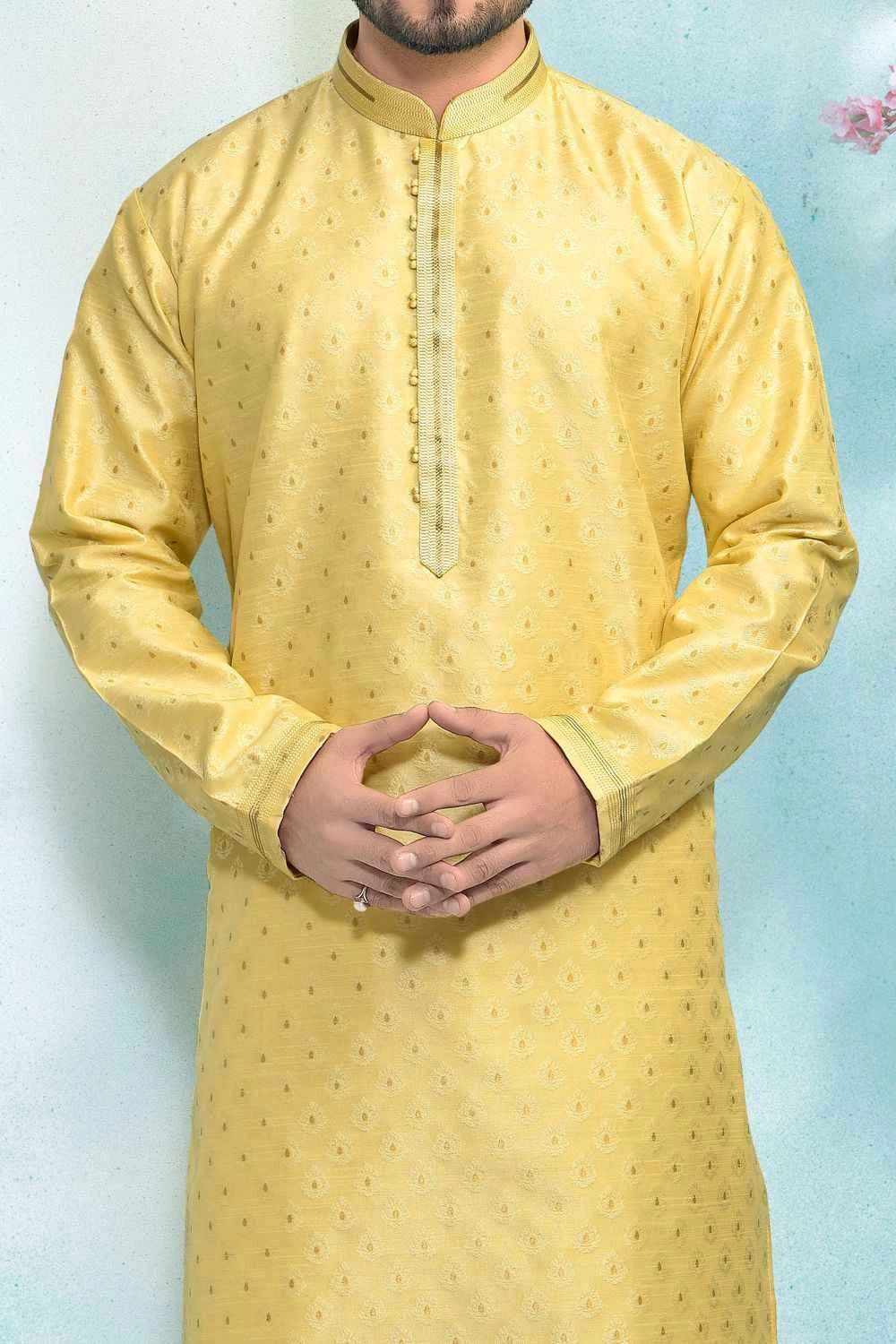 Lemon Yellow Jaquard Silk Brocade Kurta Pajama (NMK-4882)