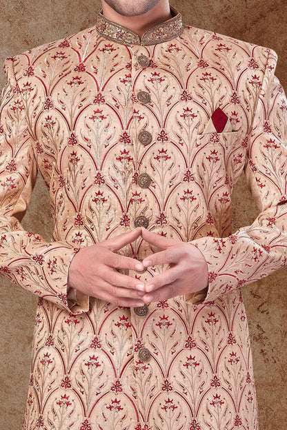 Light Beige Art Silk Grooms Sherwani (NMK-6773) - Nihal Fashions