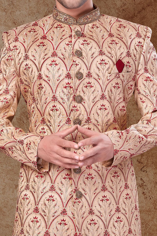 Light Beige Art Silk Grooms Sherwani (NMK-6773) - Nihal Fashions