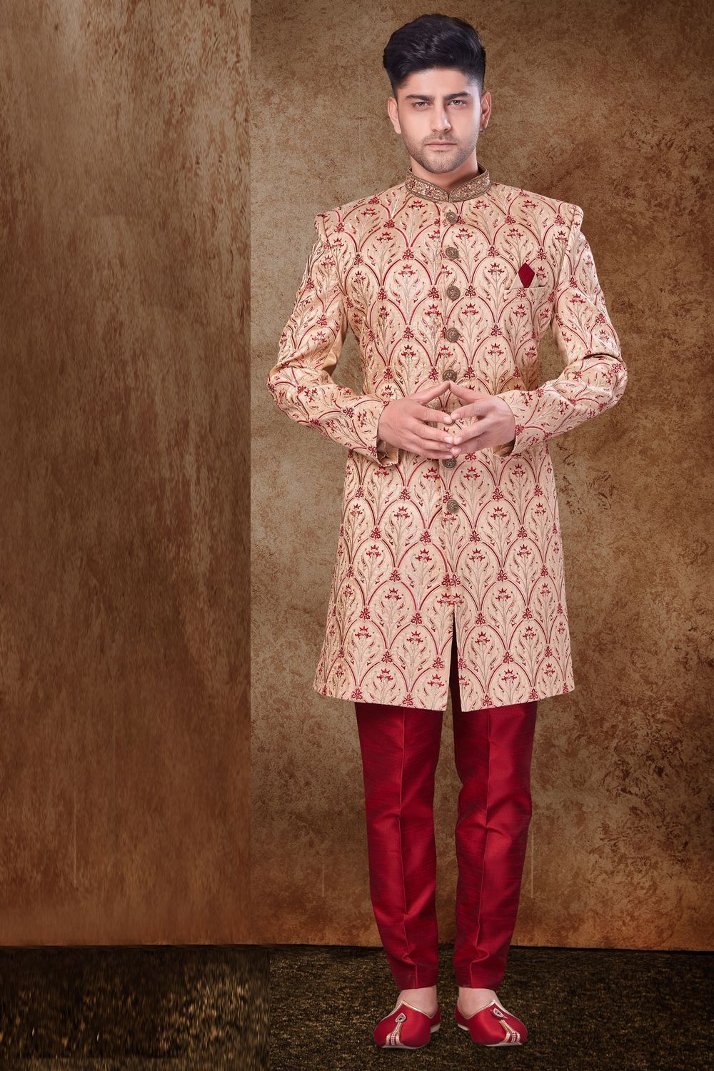Light Beige Art Silk Grooms Sherwani (NMK-6773) - Nihal Fashions