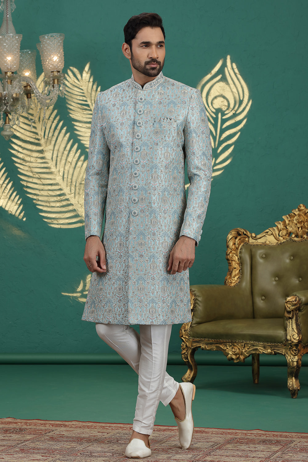 Light Blue Art Silk Sherwani (NMK-8608) - Nihal Fashions
