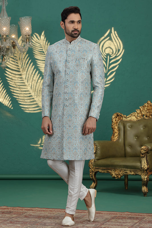 Light Blue Art Silk Sherwani (NMK-8608) - Nihal Fashions