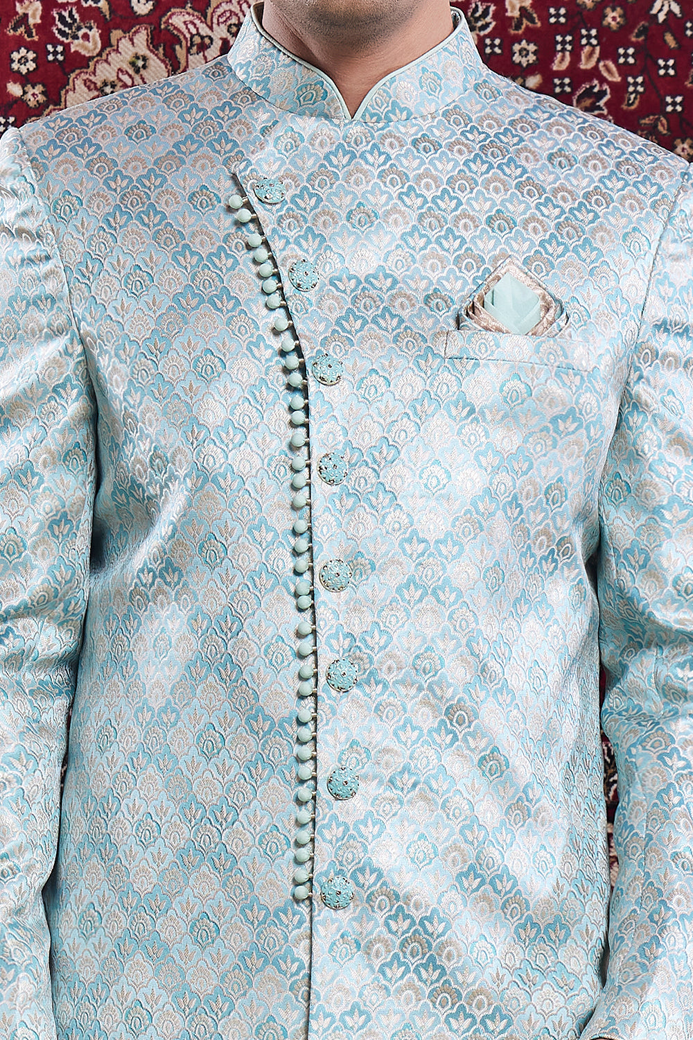 Light Blue Banarasi Jaquard Indo Western (NMK-8549) - Nihal Fashions