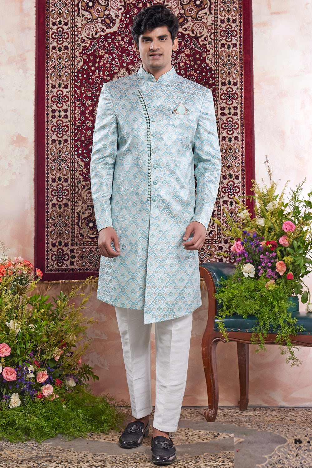 Light Blue Banarasi Jaquard Indo Western (NMK-8549) - Nihal Fashions
