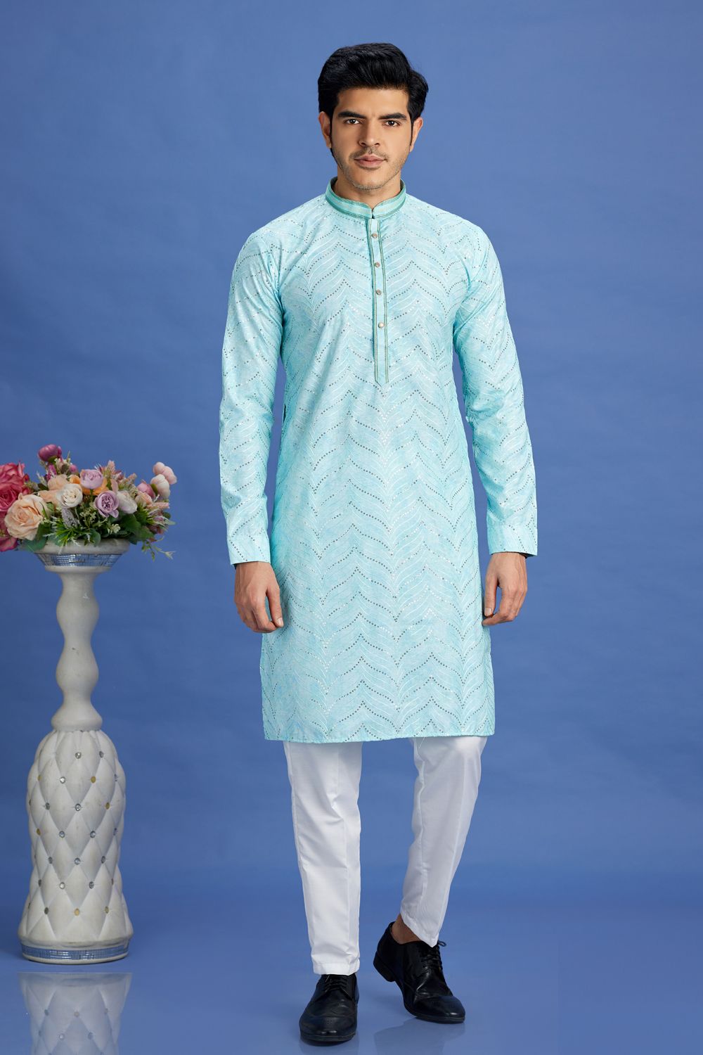 Light Blue Cotton Kurta Pajama (NMK-7525) - Nihal Fashions