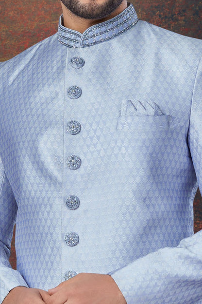 Light Blue Jaquard Indo Western (NMK-7789) - Nihal Fashions