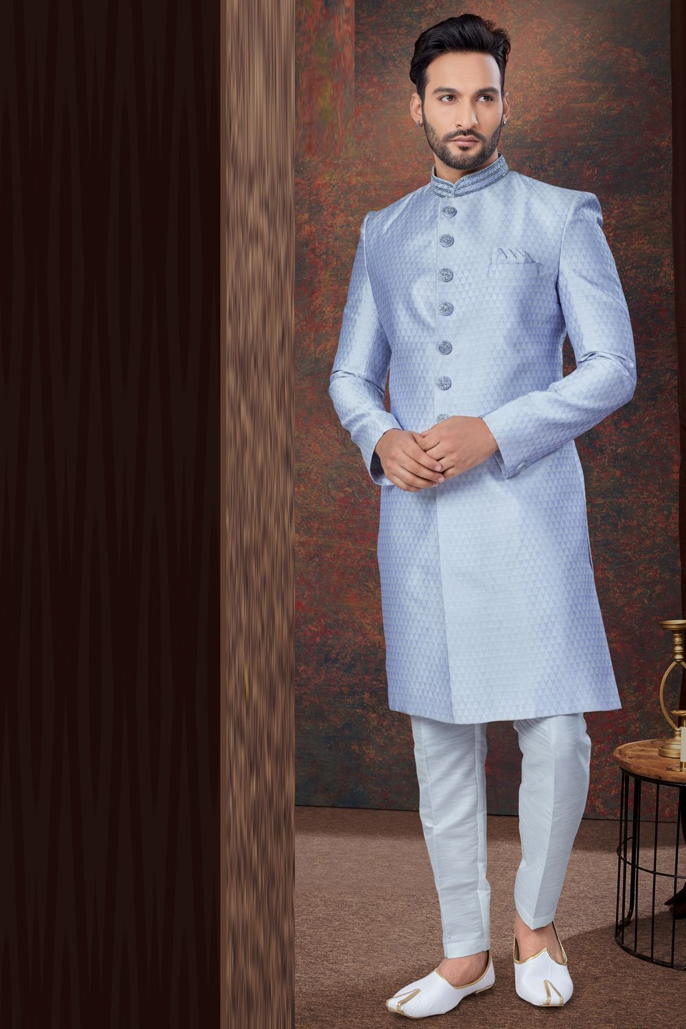Light Blue Jaquard Indo Western (NMK-7789) - Nihal Fashions