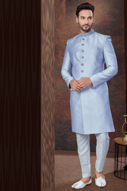 Light Blue Jaquard Indo Western (NMK-7789) - Nihal Fashions