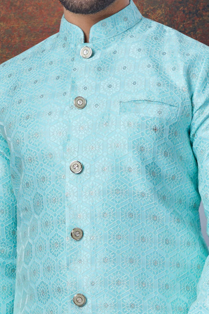 Light Blue Jaquard Indo Western (NMK-7856) - Nihal Fashions