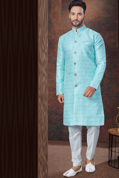Light Blue Jaquard Indo Western (NMK-7856) - Nihal Fashions